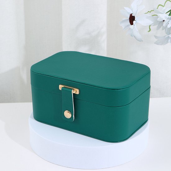 Travel Jewelry Case - 2 Layers with Velvet & Detachable Compartments - For Necklaces, Earrings & Bracelets - Green