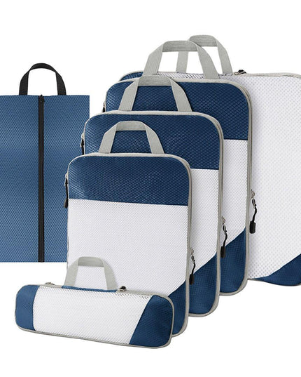 6pcs Mesh Visible Travel Storage Set Waterproof Nylon Compressible Storage Bags - Navy Blue