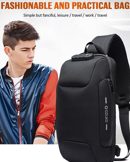 Anti Theft Men Waterproof Crossbody Bag With USB Port - Blue