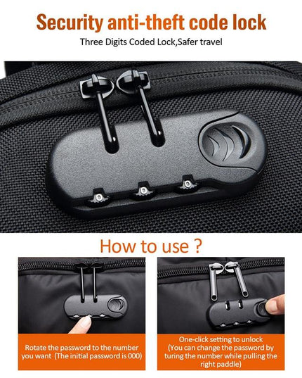 Anti Theft Men Waterproof Crossbody Bag With USB Port - Black