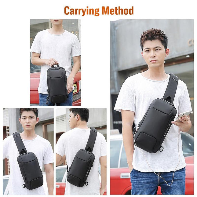 Anti Theft Men Waterproof Crossbody Bag With USB Port - Black