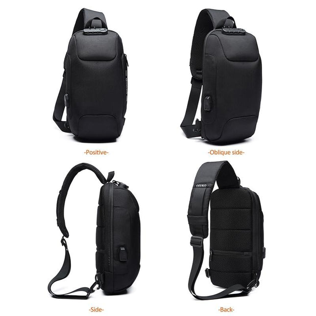 Anti Theft Men Waterproof Crossbody Bag With USB Port - Black