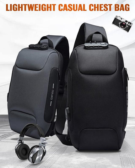 Anti Theft Men Waterproof Crossbody Bag With USB Port - Black