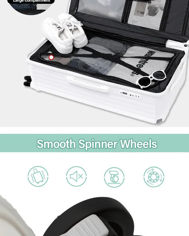 Smart Hard-Shell Luggage with USB Charging Port & Cup Holder - 24"Spinner Suitcase in White