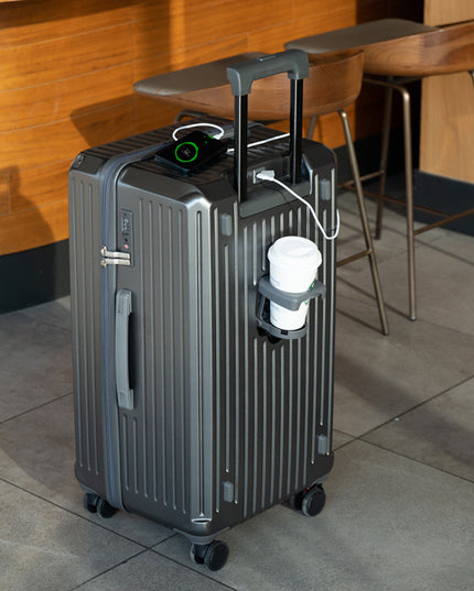 Smart Hard-Shell Luggage with USB Charging Port & Cup Holder - 20"Spinner Suitcase in Grey