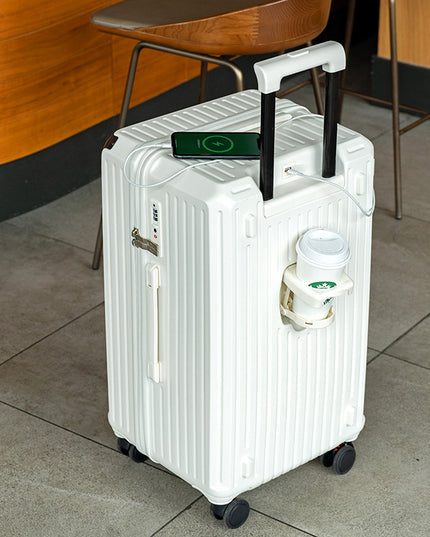 Smart Hard-Shell Luggage with USB Charging Port & Cup Holder - 20"Spinner Suitcase in White