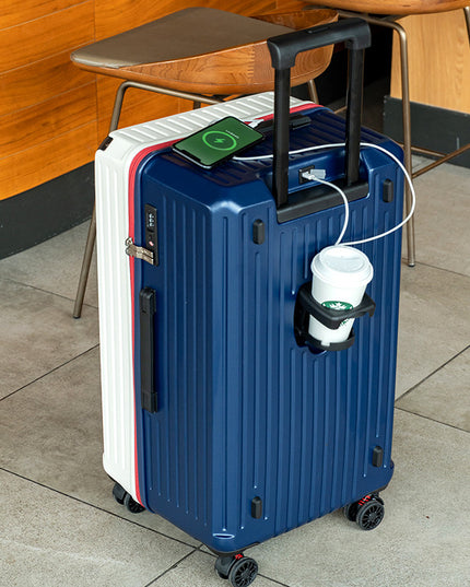 Smart Hard-Shell Luggage with USB Charging Port & Cup Holder - 20" Spinner Suitcase in Blue & White
