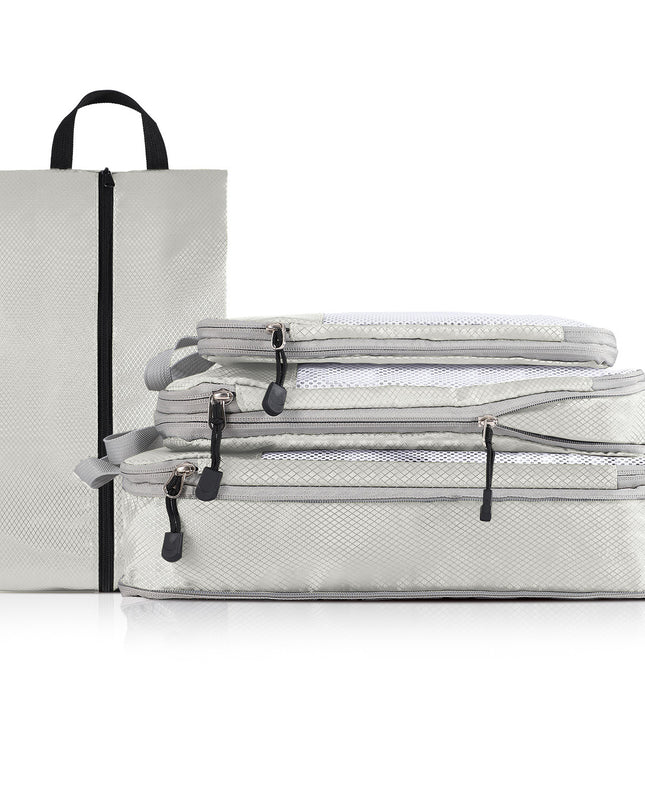 4-piece Set Beige Compression Travel Storage Bags Set, Mesh Travel Organizers for Luggage, Foldable and Space-Saving Packing Cubes