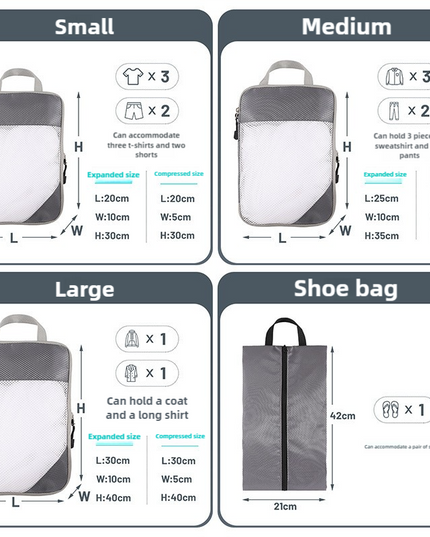 4-piece Set Beige Compression Travel Storage Bags Set, Mesh Travel Organizers for Luggage, Foldable and Space-Saving Packing Cubes