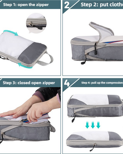 4-piece Set Beige Compression Travel Storage Bags Set, Mesh Travel Organizers for Luggage, Foldable and Space-Saving Packing Cubes