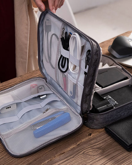 Grey Durable Three-Layer Earphone & Digital Organizer - Waterproof Cosmetic & Cable Storage Pouch(Photography props not included, only the bag)
