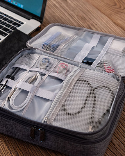 Grey Durable Three-Layer Earphone & Digital Organizer - Waterproof Cosmetic & Cable Storage Pouch(Photography props not included, only the bag)