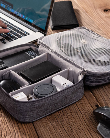 Grey Durable Three-Layer Earphone & Digital Organizer - Waterproof Cosmetic & Cable Storage Pouch(Photography props not included, only the bag)