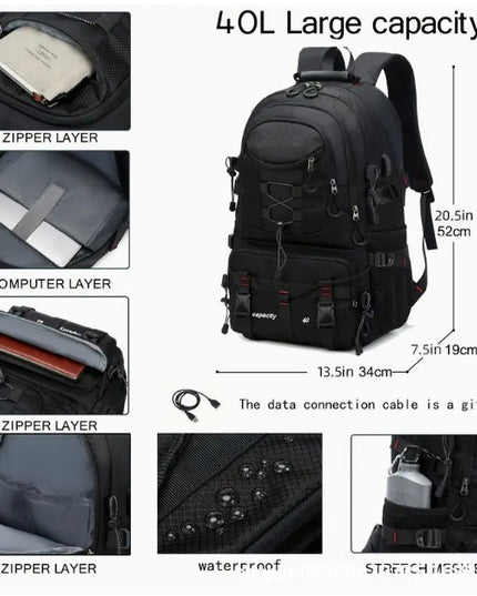 Grey 40L Large Capacity Travel Backpack - Water-Resistant Hiking Rucksack with USB Charging Port
