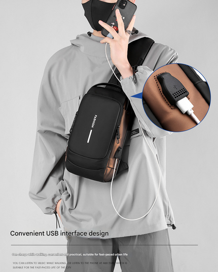 Black Modern Anti-Theft Sling Bag for Men - Crossbody Backpack with USB Port & Combination Lock