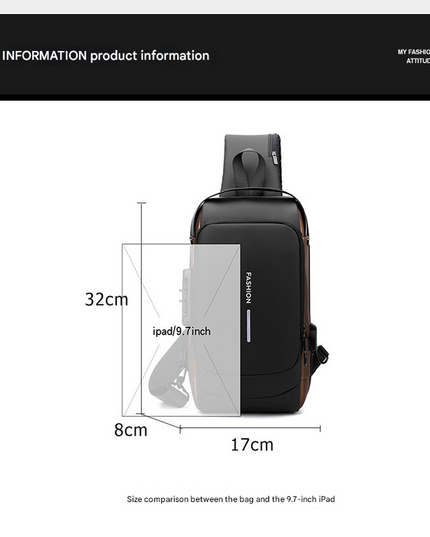 Black Modern Anti-Theft Sling Bag for Men - Crossbody Backpack with USB Port & Combination Lock