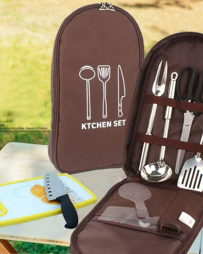 Khaki Portable Camping Kitchen Utensil Organizer - Travel Cookware Storage Bag for BBQ & Picnics