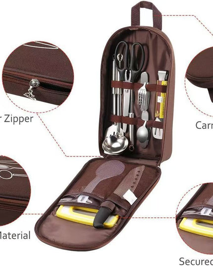 Black Portable Camping Kitchen Utensil Organizer - Travel Cookware Storage Bag for BBQ & Picnics