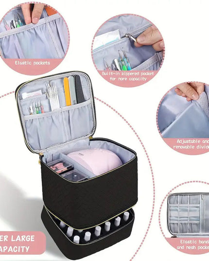 Purple Professional Nail Polish Organizer Case for 30 Bottles & UV Lamp - Double-Layer Travel Storage Bag