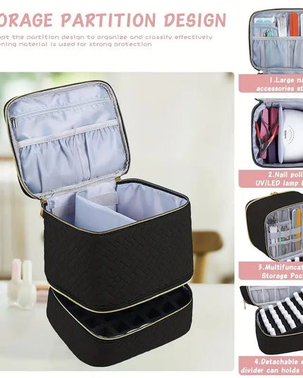 Purple Professional Nail Polish Organizer Case for 30 Bottles & UV Lamp - Double-Layer Travel Storage Bag