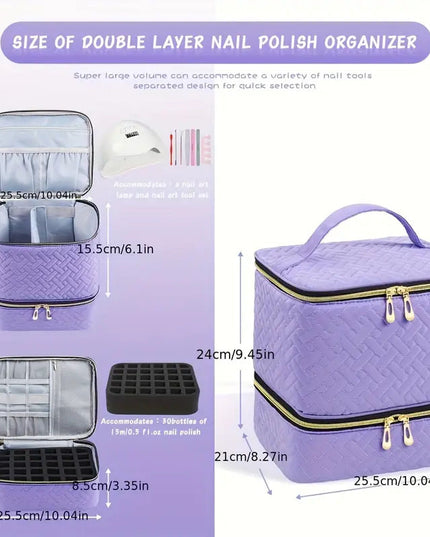 Green Professional Nail Polish Organizer Case for 30 Bottles & UV Lamp - Double-Layer Travel Storage Bag
