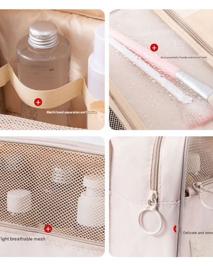 Beige Portable Hanging Travel Toiletry Bag - Large Capacity Cosmetic & Wash Organizer with Sturdy Hook