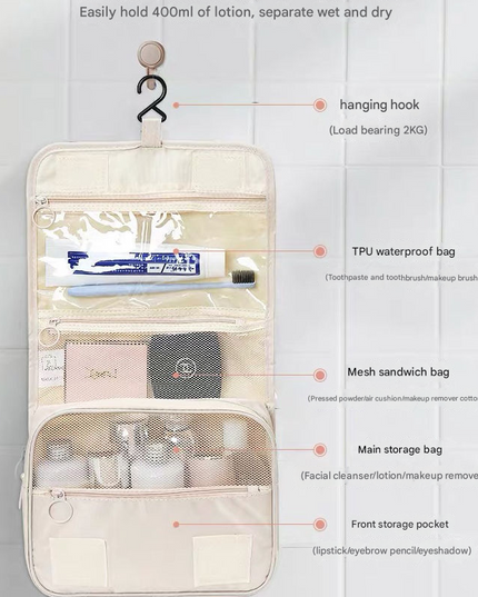Beige Portable Hanging Travel Toiletry Bag - Large Capacity Cosmetic & Wash Organizer with Sturdy Hook