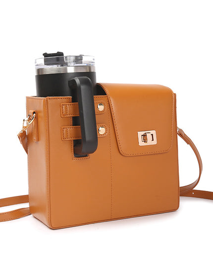 Chic PU Leather Crossbody Bag with Tumbler Holder - Multi-Compartment, Adjustable Strap,Does not include thermos cup(brown)