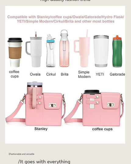 Chic PU Leather Crossbody Bag with Tumbler Holder - Multi-Compartment, Adjustable Strap,Does not include thermos cup(brown)