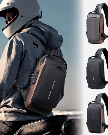 Black Men's Anti-Theft Crossbody Sling Bag with USB Charging Port & Combination Lock