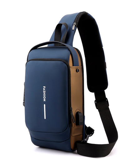 Blue and Brown Men's Anti-Theft Crossbody Sling Bag with USB Charging Port & Combination Lock