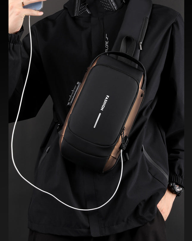 Blue and Brown Men's Anti-Theft Crossbody Sling Bag with USB Charging Port & Combination Lock