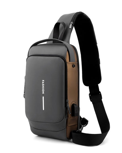 Grey and Brown Men's Anti-Theft Crossbody Sling Bag with USB Charging Port & Combination Lock