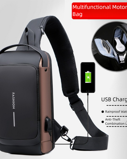 Grey and Brown Men's Anti-Theft Crossbody Sling Bag with USB Charging Port & Combination Lock