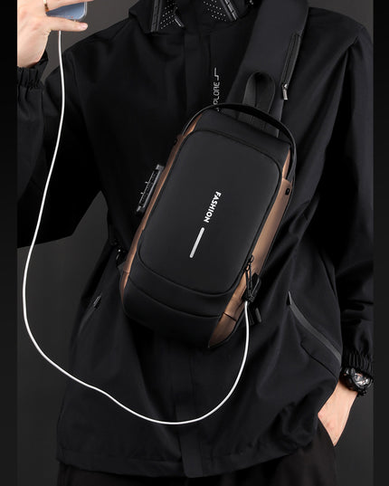 Grey and Brown Men's Anti-Theft Crossbody Sling Bag with USB Charging Port & Combination Lock