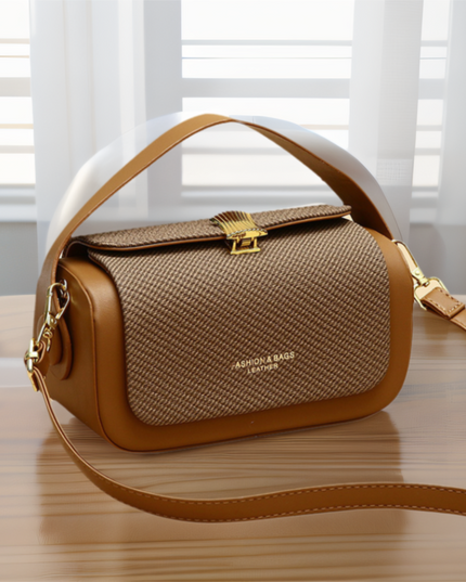 Brown Elegant Top Handle Crossbody Bag - Structured PU Leather Box Purse for Women