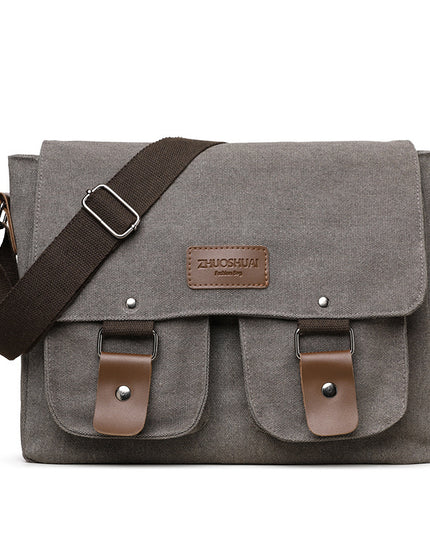 Grey Vintage Canvas Messenger Bag Men Crossbody Satchel Durable Shoulder Bag for Work and Travel Multi Pocket Casual Daypack