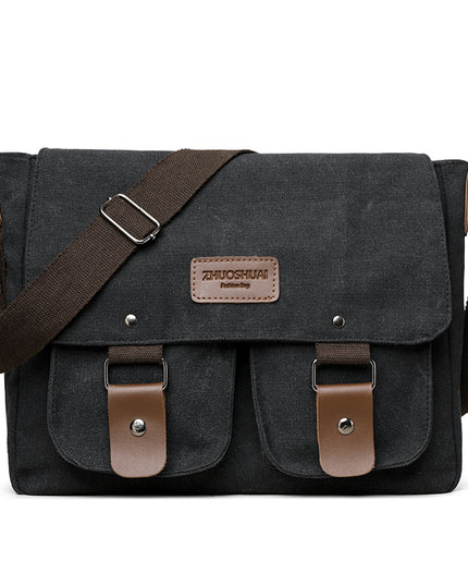 Black Vintage Canvas Messenger Bag Men Crossbody Satchel Durable Shoulder Bag for Work and Travel Multi Pocket Casual Daypack
