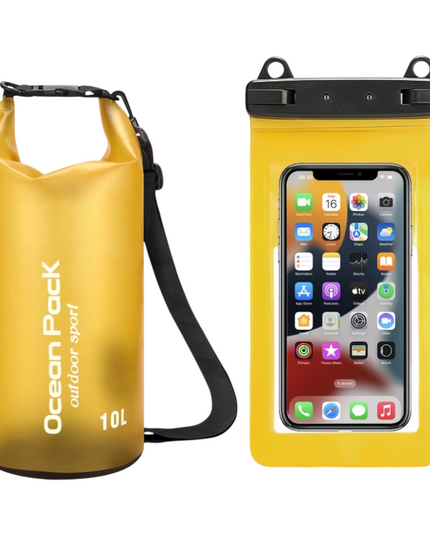 Yellow 10L PVC Waterproof Swimming Bag Bonus with Waterproof Phone Pouch - Roll-Top Floating Dry Gear Bags for Beach, Kayaking & Outdoor Sports