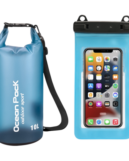 Blue 10L PVC Waterproof Swimming Bag Bonus with Waterproof Phone Pouch - Roll-Top Floating Dry Gear Bags for Beach, Kayaking & Outdoor Sports