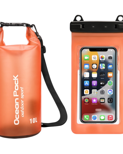 Orange 10L PVC Waterproof Swimming Bag Bonus with Waterproof Phone Pouch - Roll-Top Floating Dry Gear Bags for Beach, Kayaking & Outdoor Sports