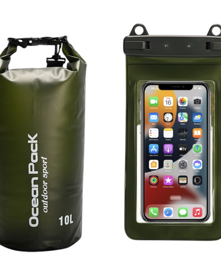 Dark Green 10L PVC Waterproof Swimming Bag Bonus with Waterproof Phone Pouch - Roll-Top Floating Dry Gear Bags for Beach, Kayaking & Outdoor Sports