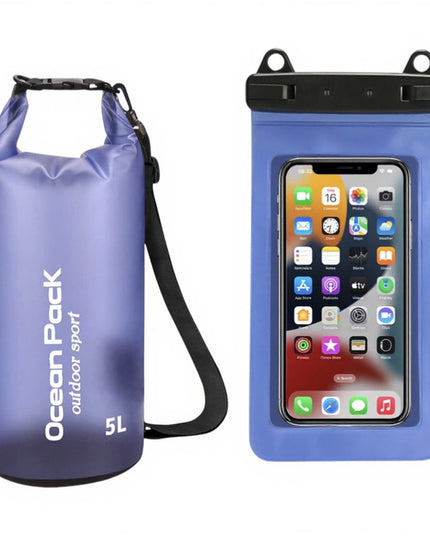 Blue Purple 5L PVC Waterproof Swimming Bag Bonus with Waterproof Phone Pouch - Roll-Top Floating Dry Gear Bags for Beach, Kayaking & Outdoor Sports