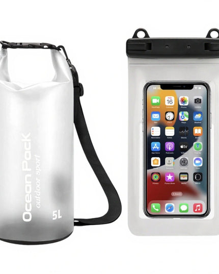 White 5L PVC Waterproof Swimming Bag Bonus with Waterproof Phone Pouch - Roll-Top Floating Dry Gear Bags for Beach, Kayaking & Outdoor Sports
