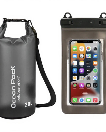 Black 20L PVC Waterproof Swimming Bag Bonus with Waterproof Phone Pouch - Roll-Top Floating Dry Gear Bags for Beach, Kayaking & Outdoor Sports