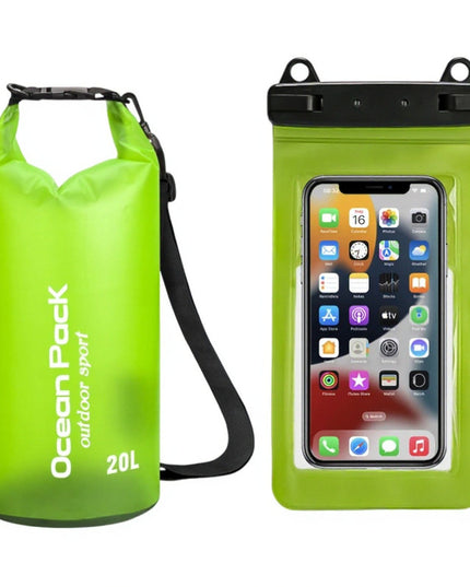Light Green 20L PVC Waterproof Swimming Bag Bonus with Waterproof Phone Pouch - Roll-Top Floating Dry Gear Bags for Beach, Kayaking & Outdoor Sports