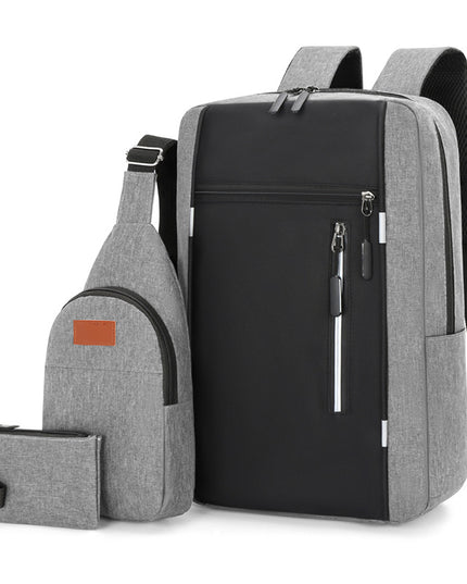 Grey 3 Piece Mens Backpack Set with Sling Bag and Pouch USB Charging Port Large Capacity Laptop Daypack Water Resistant Business Travel School Bag