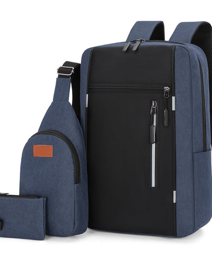 Blue 3 Piece Mens Backpack Set with Sling Bag and Pouch USB Charging Port Large Capacity Laptop Daypack Water Resistant Business Travel School Bag