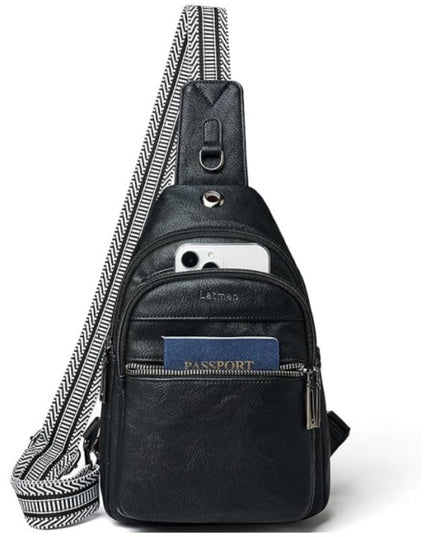 Black Women's 3-Layer Zipped PU Chest Bag with Reversable Strap - Roomy But Not Nulky Single Shoulder Crossbody Bag