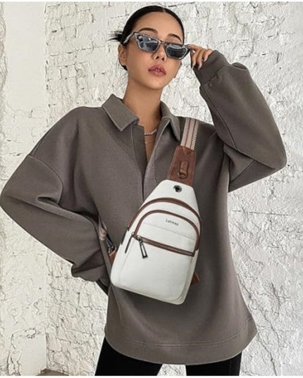 Black Women's 3-Layer Zipped PU Chest Bag with Reversable Strap - Roomy But Not Nulky Single Shoulder Crossbody Bag